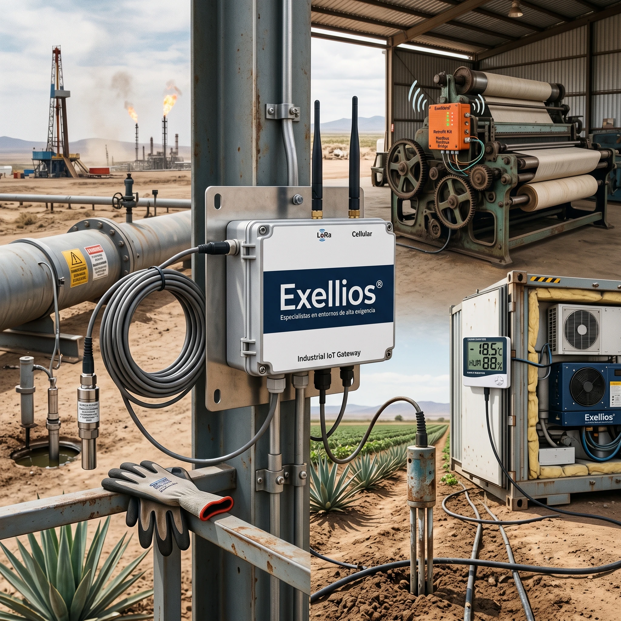 Gateway IoT industrial Exellios para telemetría en oil and gas, cadena de frío y agricultura